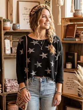 Altar’d State Long Sleeve Waffle Weave Black White Stars Crop Top Lounge Medium